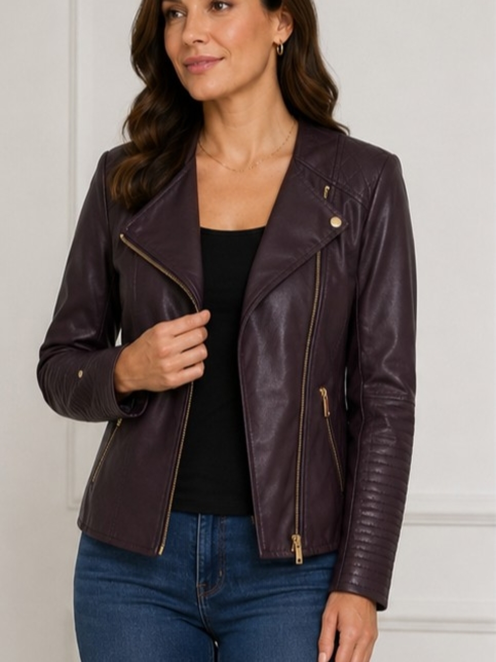 Calvin Klein Deep Plum Faux Leather Moto Jacket - Size M